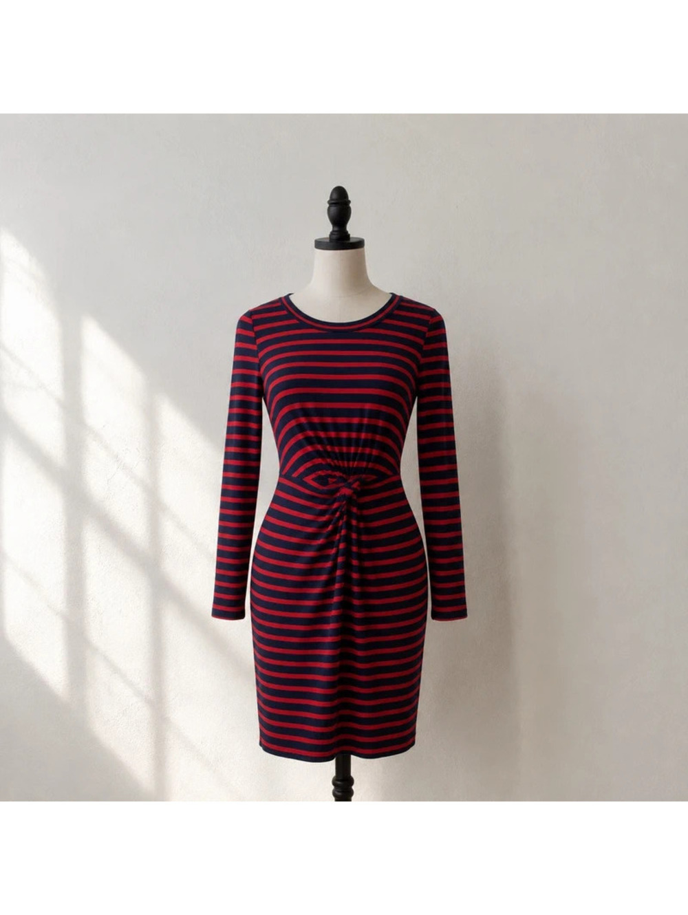 GAP Red Navy Striped Twist Front Dress XS Long Sleeve Lyocell Blend Midi